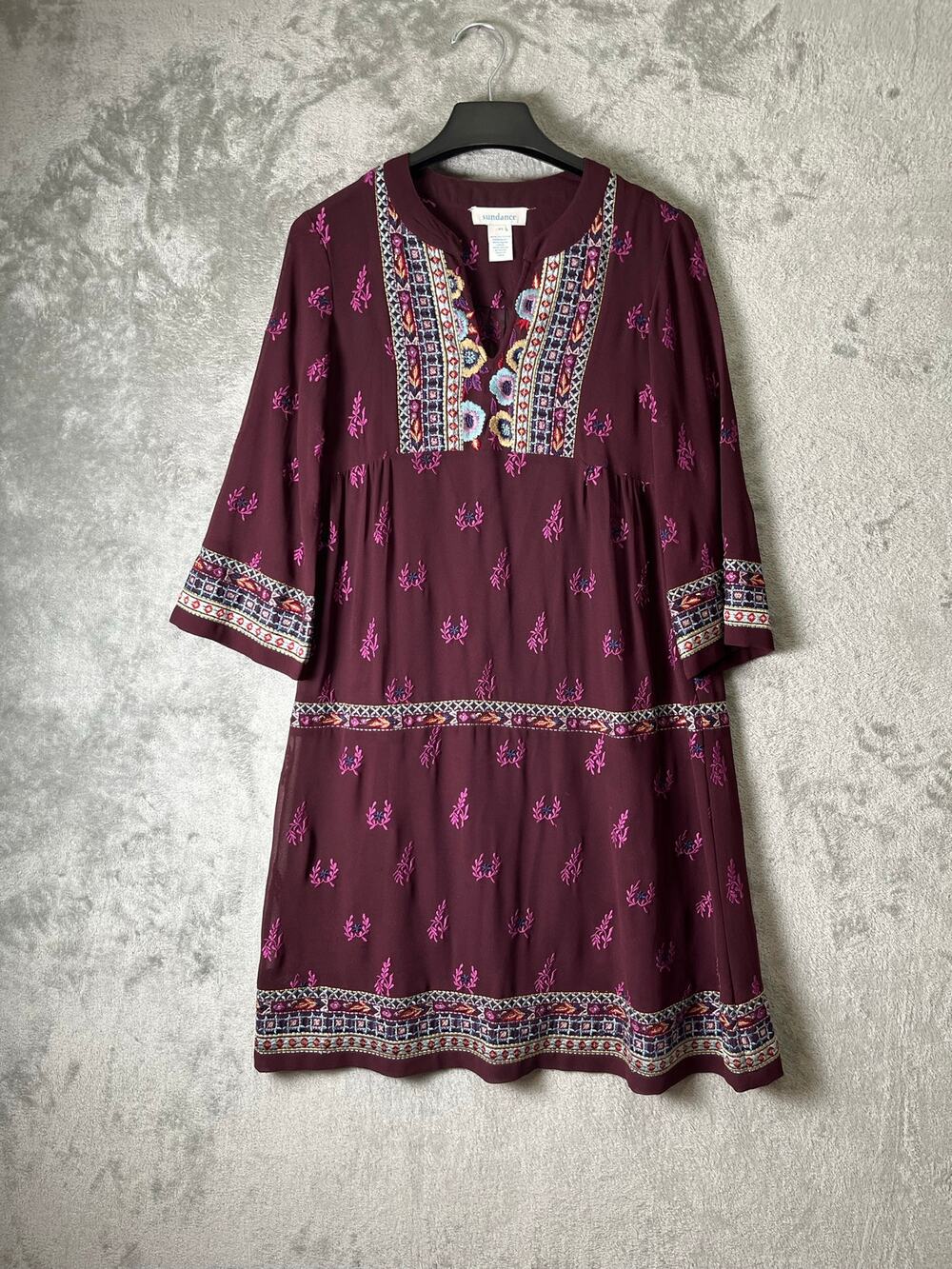 Sundance World Vision Embroidered 3/4 Sleeve Shift Tunic Dress Plum Boho XS